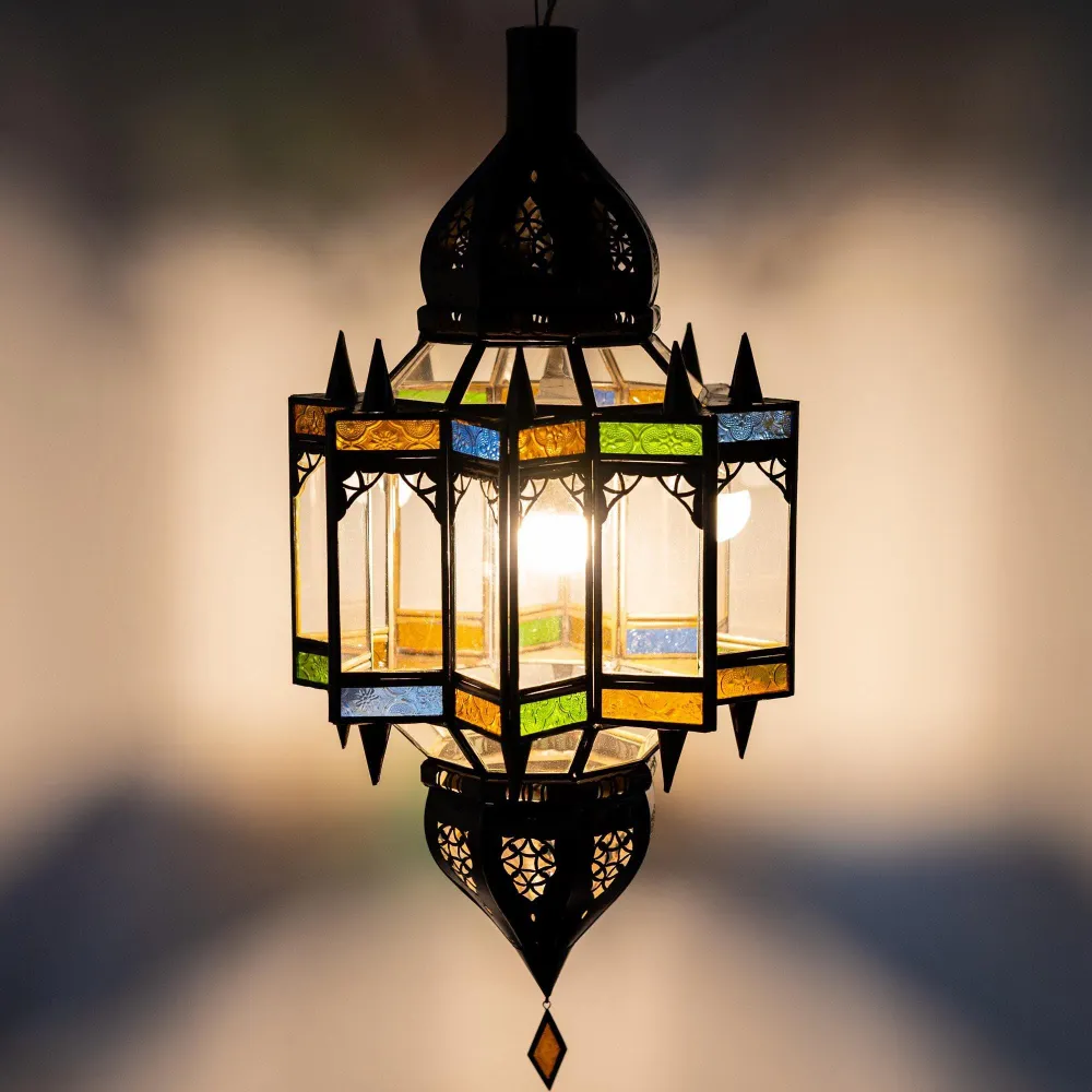 Marokkaanse plafondlamp Asad van glas en smeedijzer