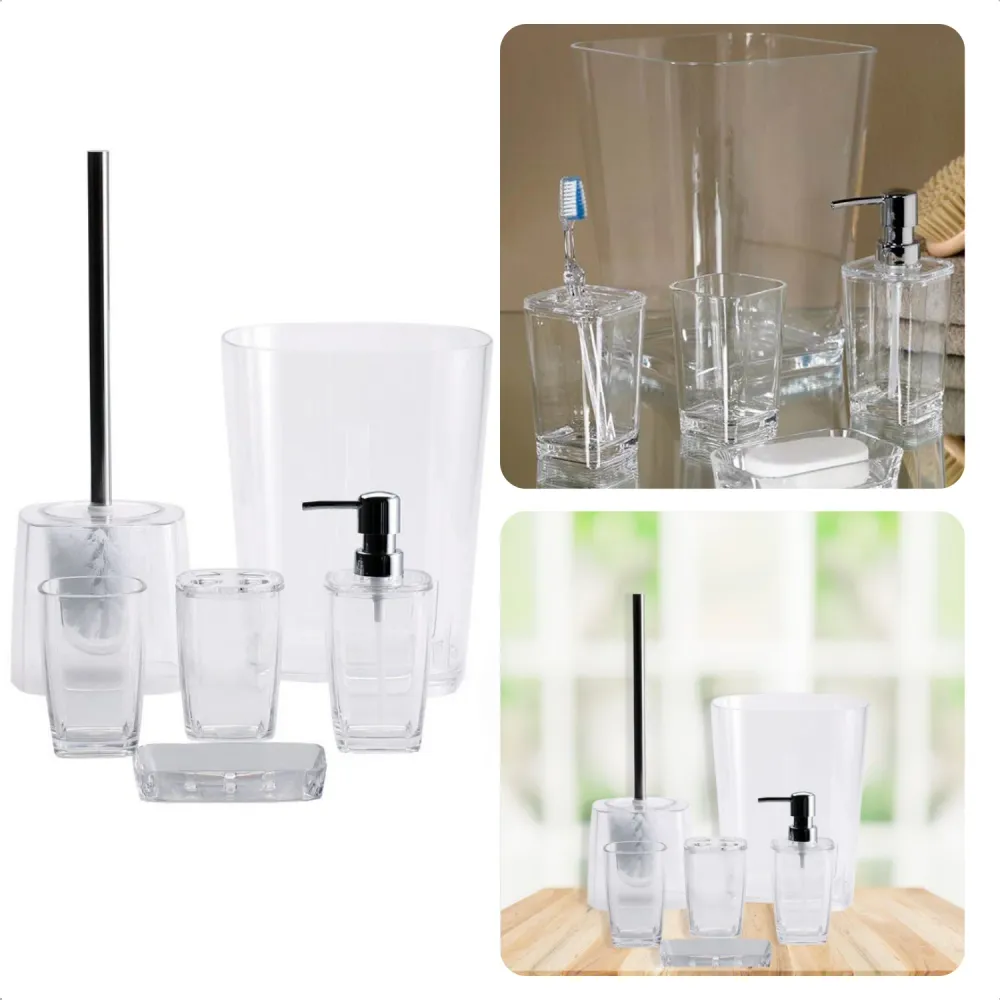 Cheqo® Badkamer Set 6 Delig - Badset - Kunststof - Beker, Zeepbakje, Zeep Dispenser, Tandenborstelhouder, Toiletborstelset...