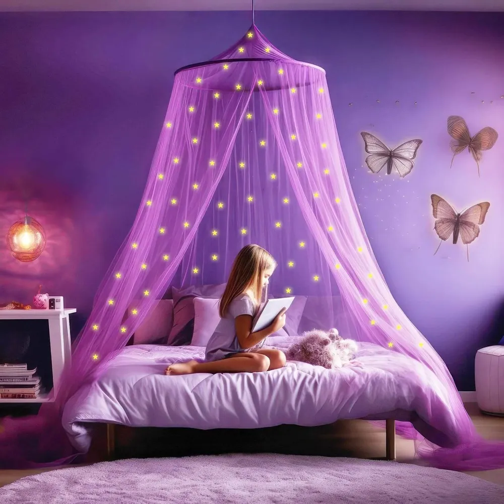 Paars Bedhemel voor Meisjes met Glow Dark Sterren