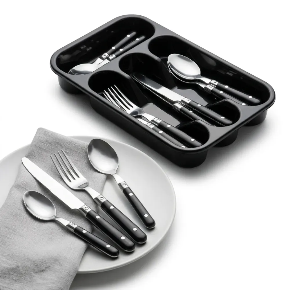 Cheqo® Bestekset 16 Delig - Bestekset 4 Persoons - Bestekset Zwart - Zwart Zilver Bestekset - Bestekset met Zwart Handvat...