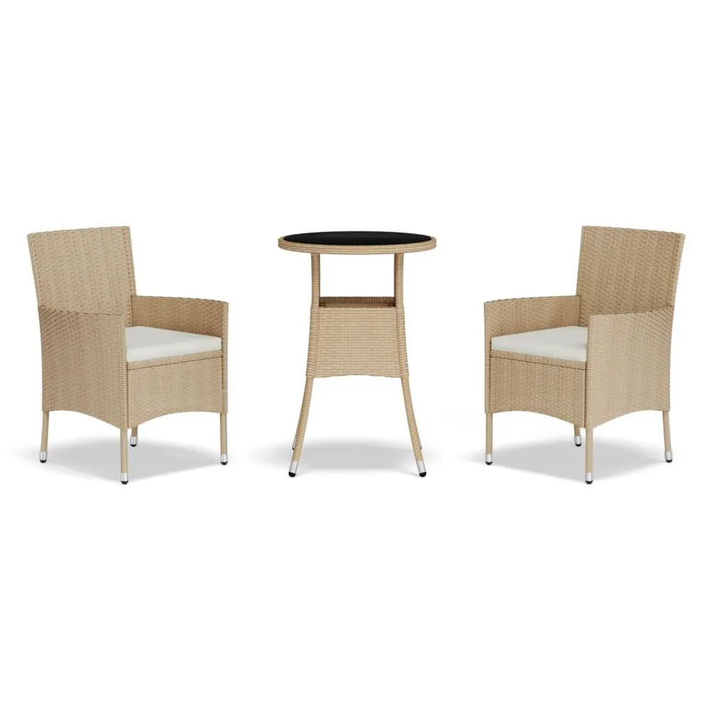 3-delige Bistroset met kussens poly rattan lichtbruin