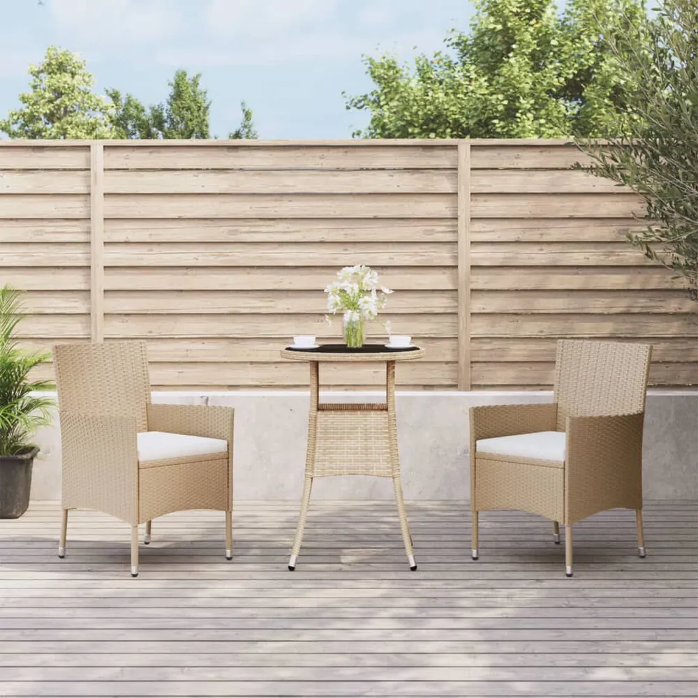 3-delige Bistroset met kussens poly rattan lichtbruin