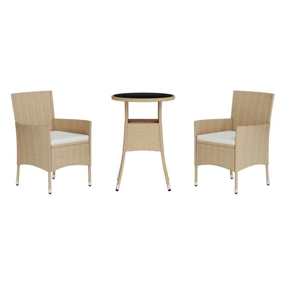 3-delige Bistroset met kussens poly rattan lichtbruin