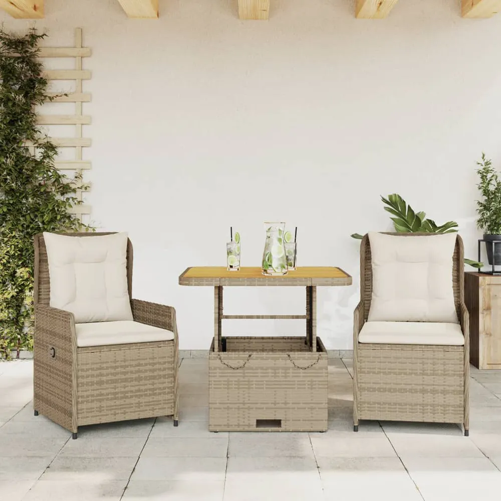 3-delige Bistroset met kussens poly rattan ecru