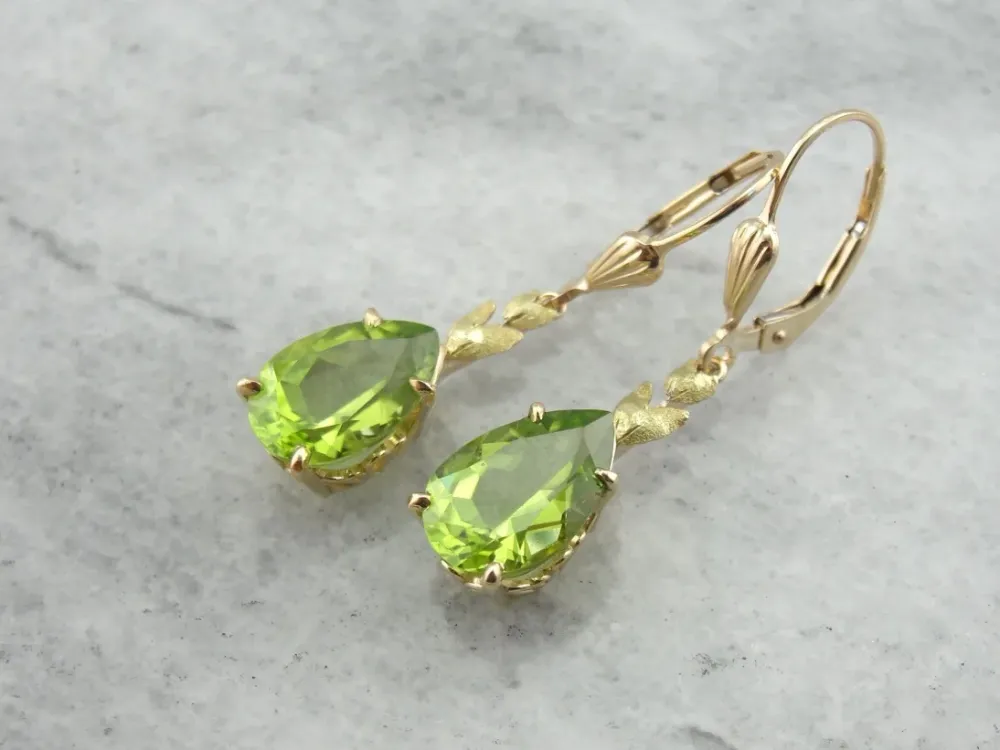 Perfect Green Drops: Peridot Drop Earrings Leaf Motif Accent