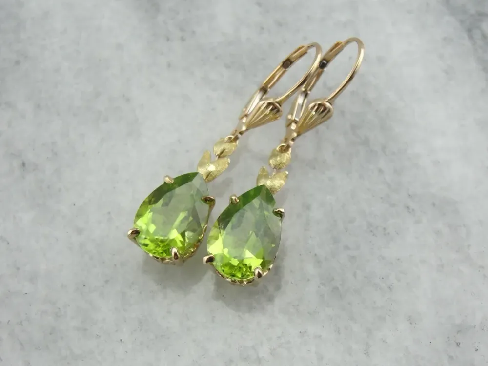 Perfect Green Drops: Peridot Drop Earrings Leaf Motif Accent