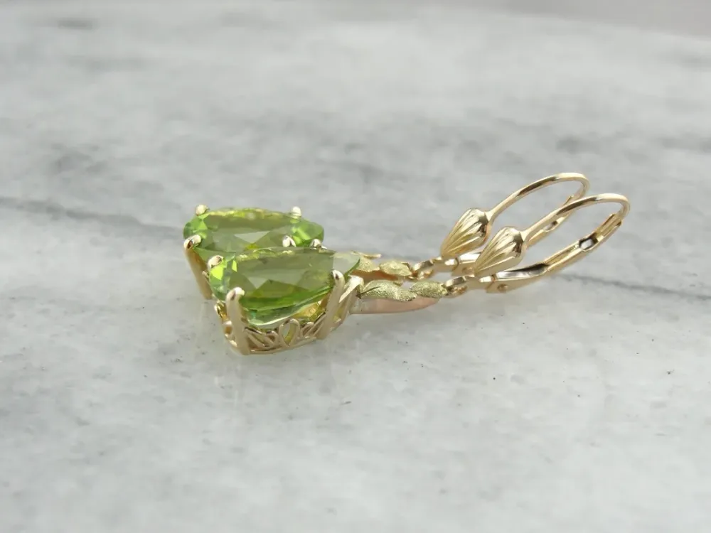 Perfect Green Drops: Peridot Drop Earrings Leaf Motif Accent