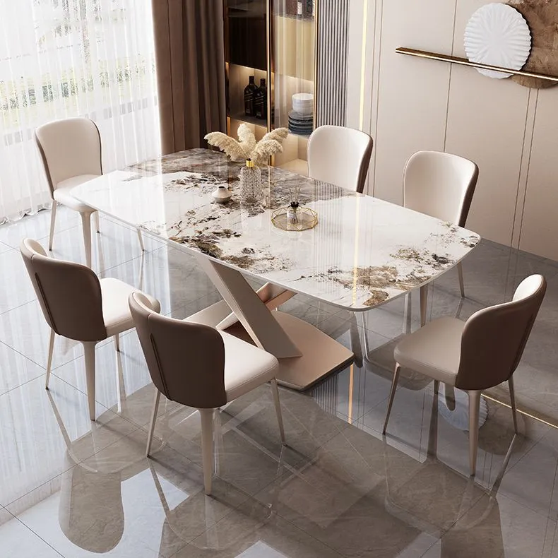 Strak Rectangle Dinette Set 1/2/5/7 Pieces White Sintered Stone Top Dining Table Set voor Langdurig Buitengebruik