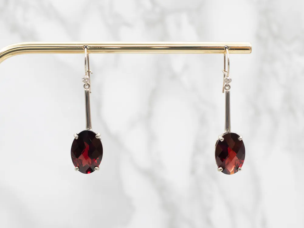 White Goud Garnet Drop Earrings Diamond Accents