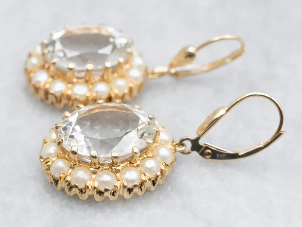 White Topaz Drop Earrings Pearl Halo