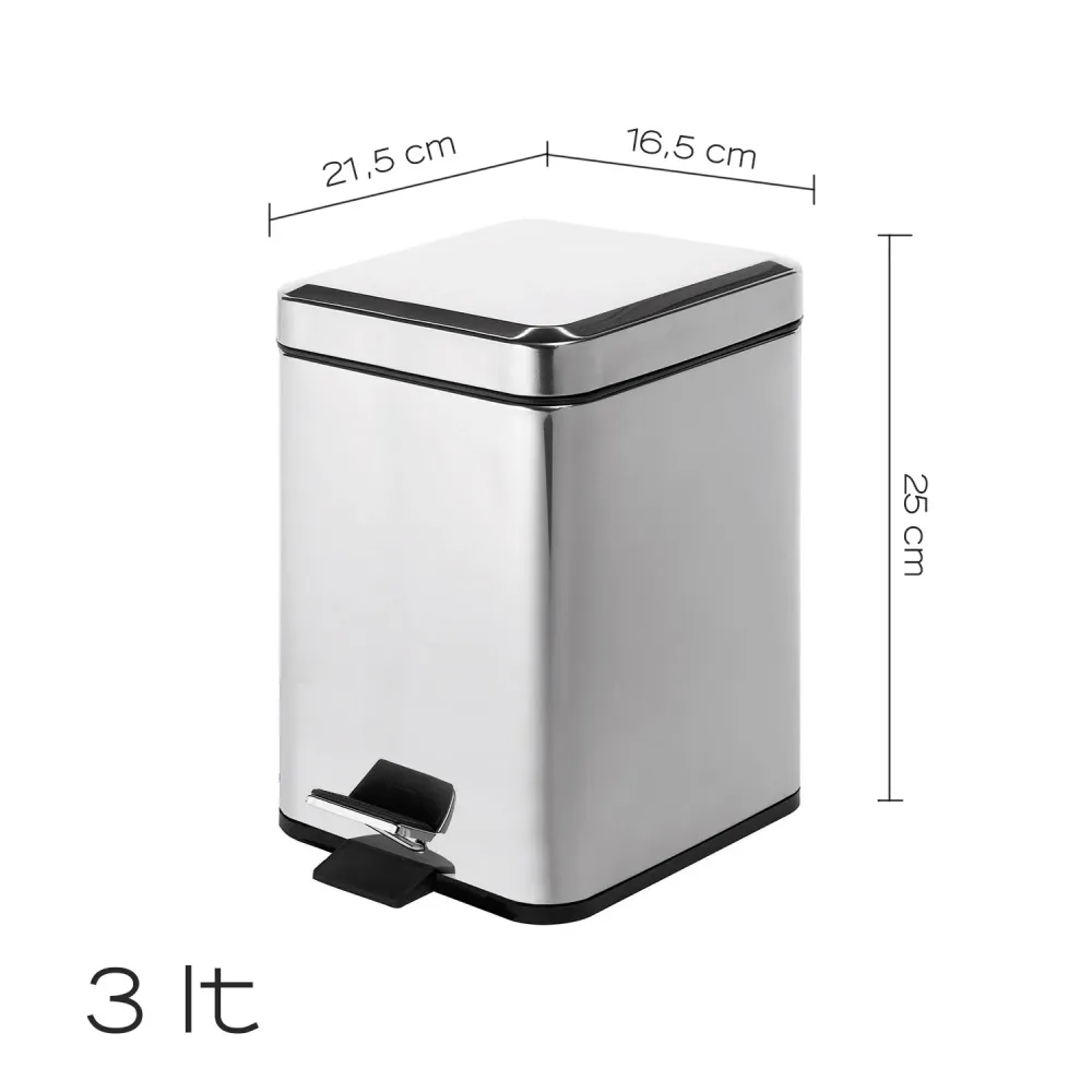 2209-13 Square waste bin Gedy Argenta 3 lt. polished chroom stainless steel cm 16.5x21.5x25 met Slotbaar Deksel | Dierproof