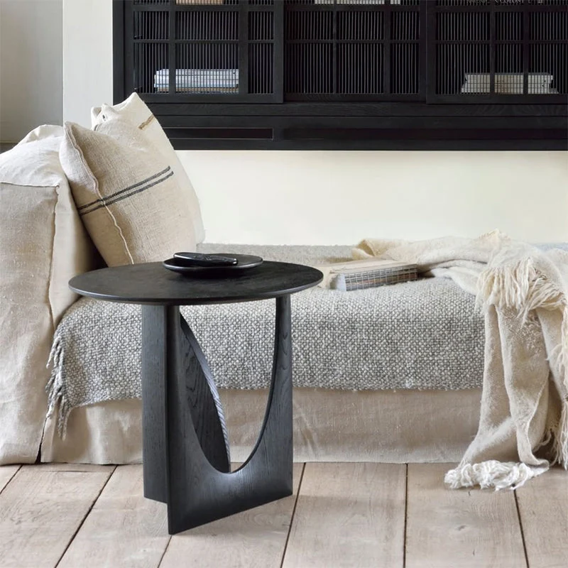 Premium Outdoor Scandinavian End Table Stevig Wood Abstract Base Round Top Side Table Black