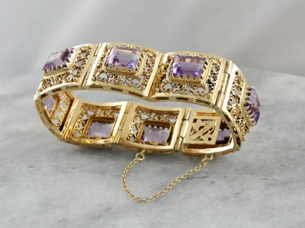 RVS Amethyst Retro Filigree Panel Bracelet