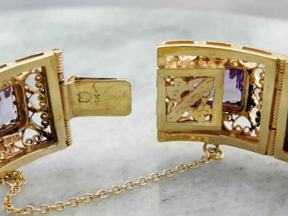 RVS Amethyst Retro Filigree Panel Bracelet