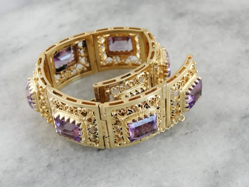 RVS Amethyst Retro Filigree Panel Bracelet