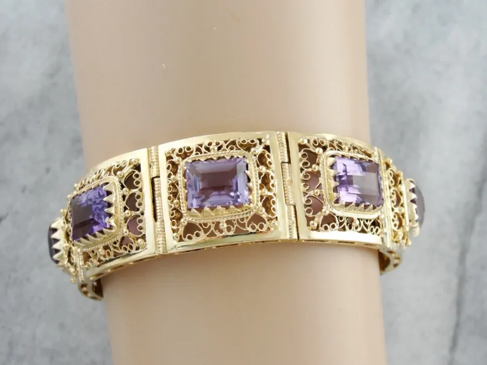 RVS Amethyst Retro Filigree Panel Bracelet