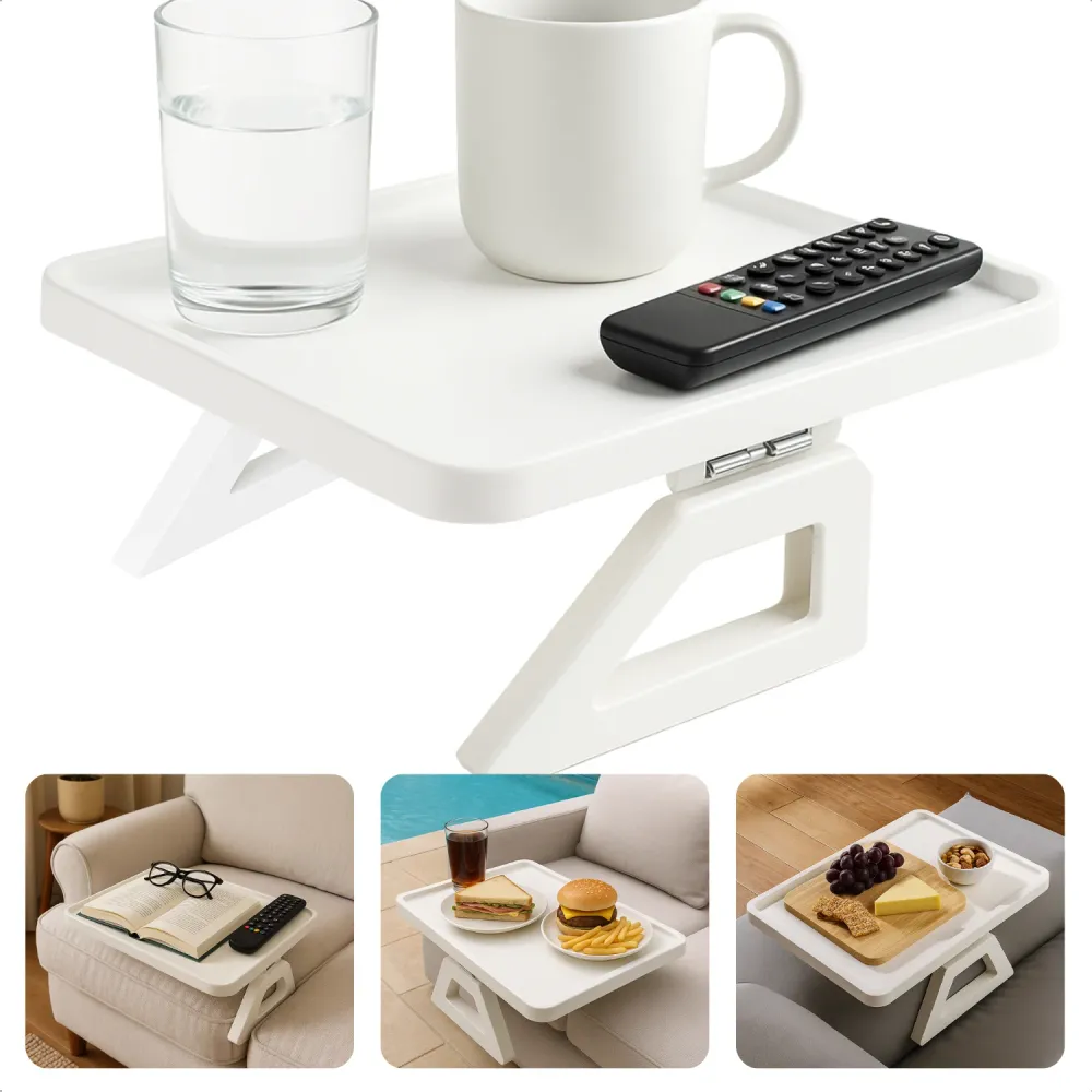 Cheqo® Armleuning Dienblad - Bamboe Materiaal - Wit Dienblad - Inklapbaar Dienblad - Antislip Functie - Banktafel Dienblad...