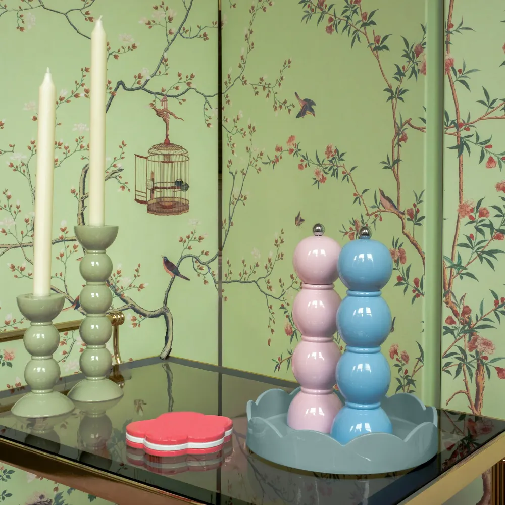 Bleke denim blauwe kleine ronde mantel lade