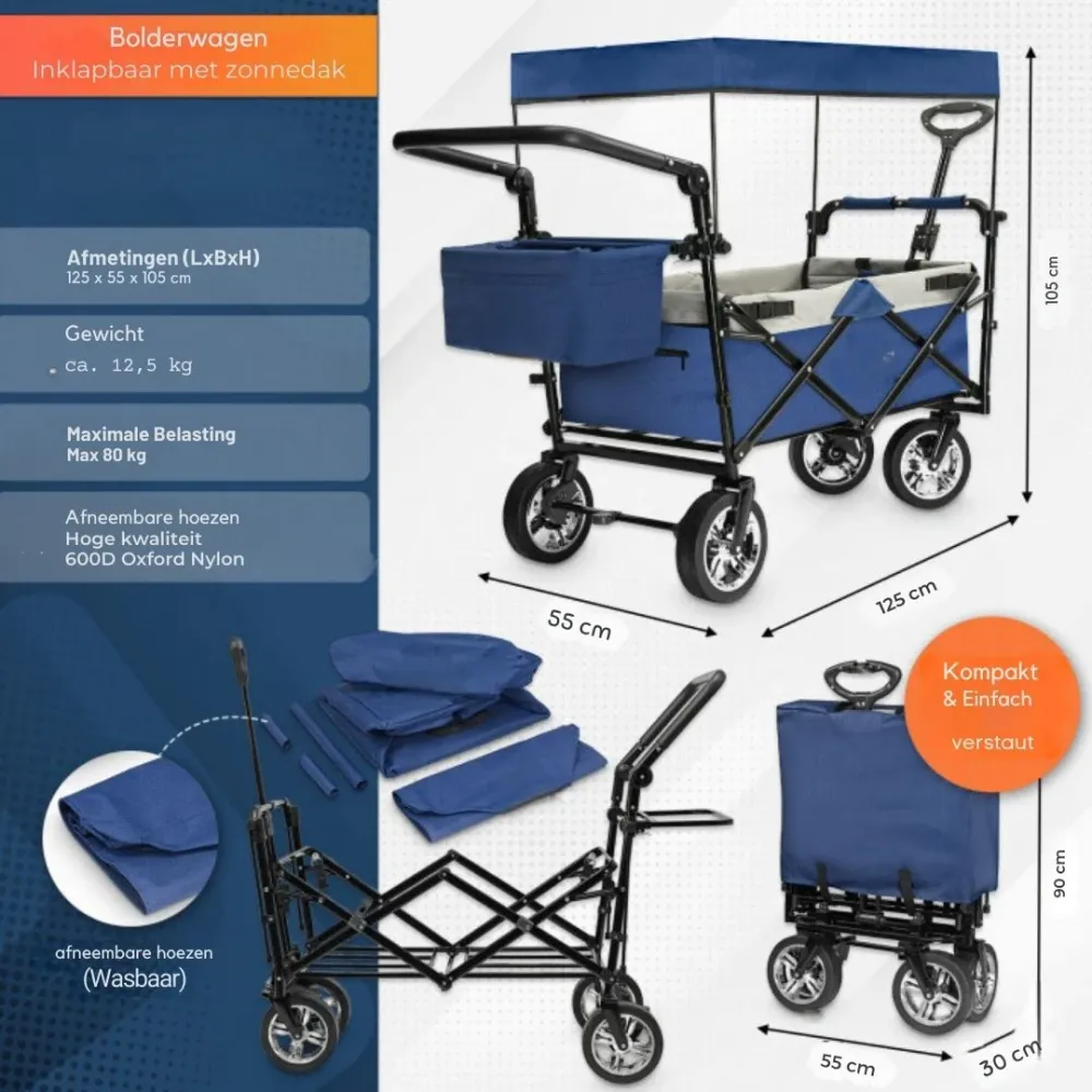 Floraya - Opvouwbare Bolderkar met zonnedak - Blauw Antraciet Eve-Motion