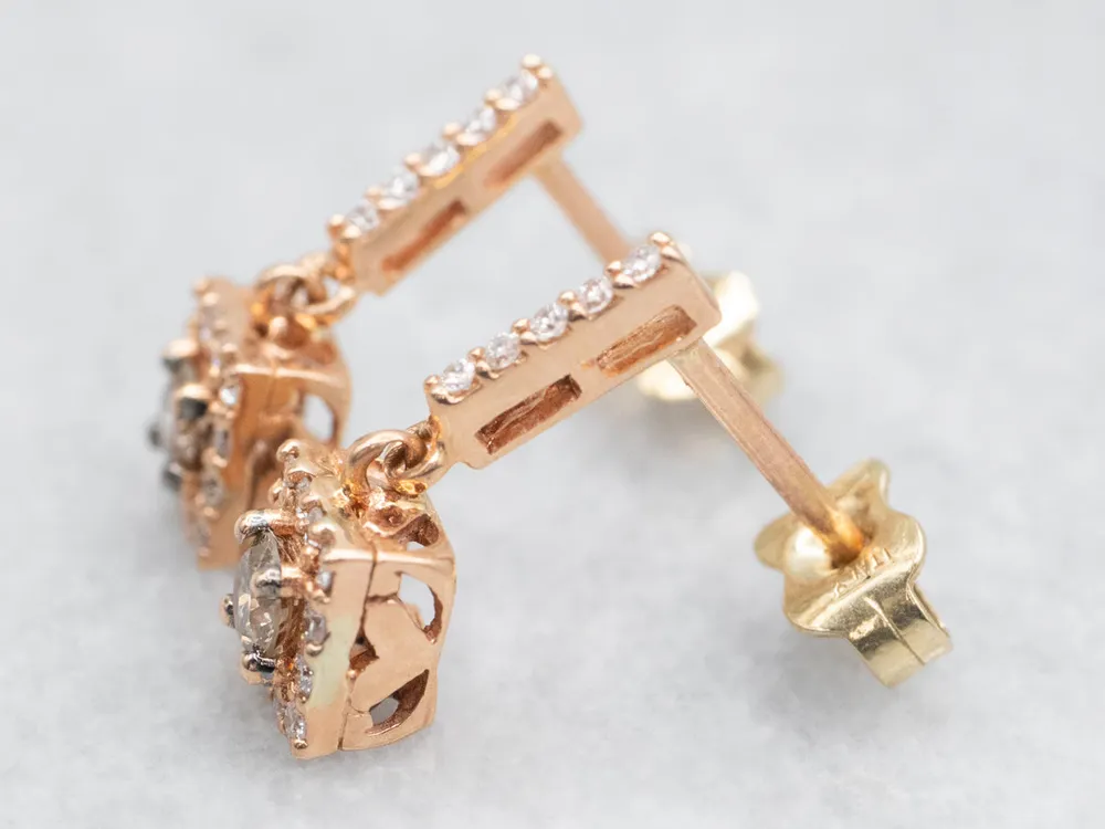 Rose Gouden Chocolate Diamond Halo Drop Earrings