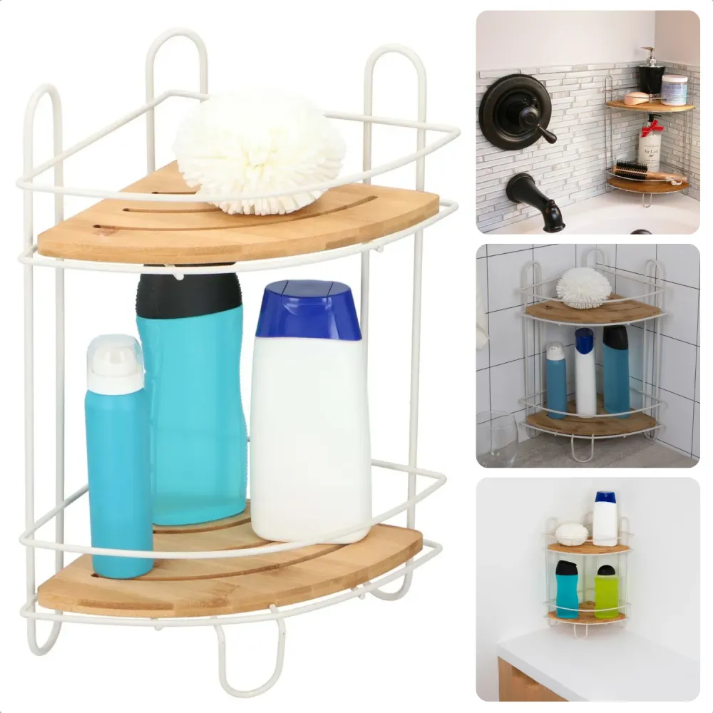 Cheqo® Badkamer Hoekrek voor Douche Bad - Badrek - Doucherek - Ecologisch Bamboe - Douche Opbergruimte