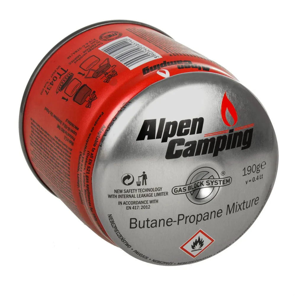 Gaspatroon 400 ml Alpen Camping. certificaat: Pi 0437, EN417 compliant, propaan-butaan, bereik -10 ° C tot + 40 ° C, GAS S...