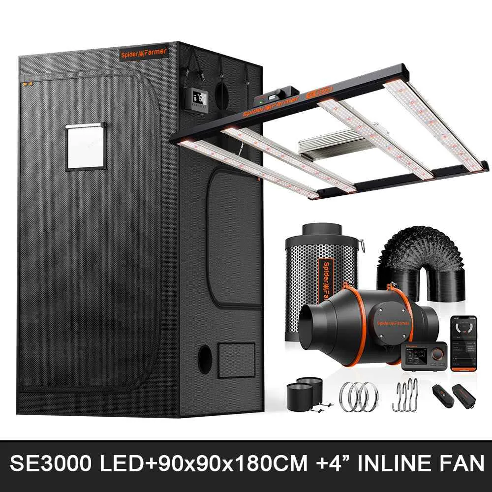Spider Farmer SE3000 EVO 300W Full Spectrum LED Complete Kweektent Set – 90×90×180 cm met 4” Ventilatiesysteem & GGS Klima...