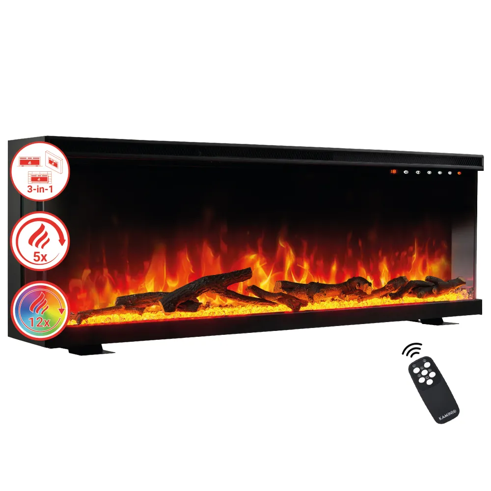 Elektrische haard LEA - Elektrische 3--1 haard met panoramaweergave, verwarming, 3D-vlameffect, 12 vlamkleuren, afstandsbe...