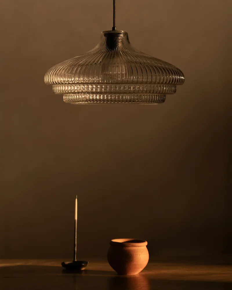 Brookfield Grote Hanglamp Geribbeld Glas - Brons