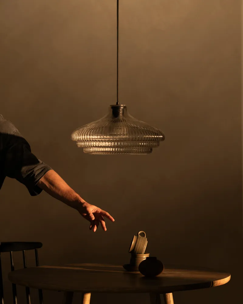 Brookfield Grote Hanglamp Geribbeld Glas - Brons