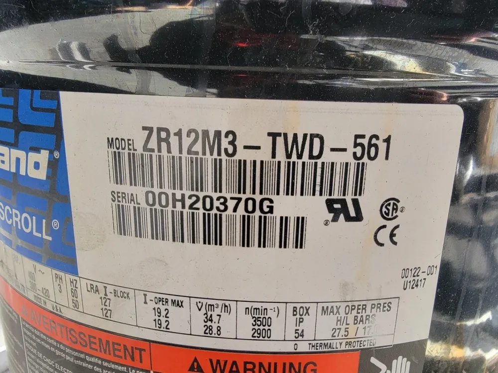 125,000 BTUH Scroll Compressor ZR12M3-TWD-961, w/ Pressure Switch