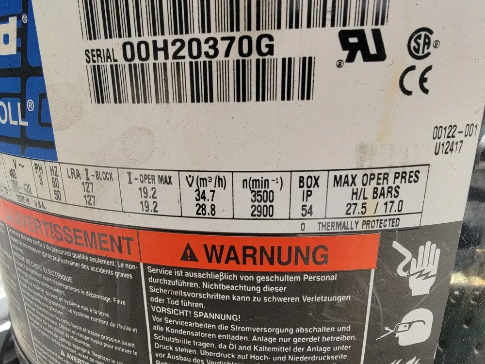 125,000 BTUH Scroll Compressor ZR12M3-TWD-961, w/ Pressure Switch