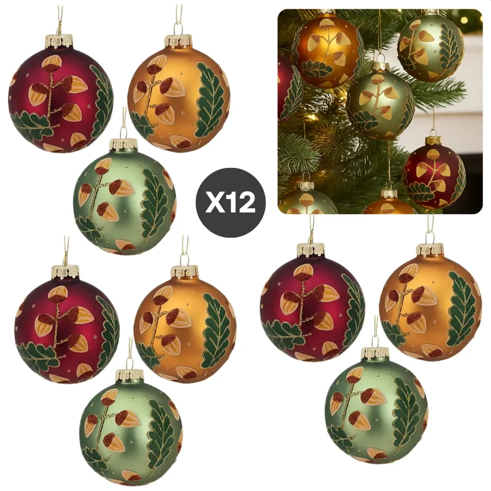 Cheqo® Glazen Kerstballen - Set van 12 - Mat Kerstballen - 8 CM Diameter - Rood Groen Goud - Kerstboomversiering - Kerstve...