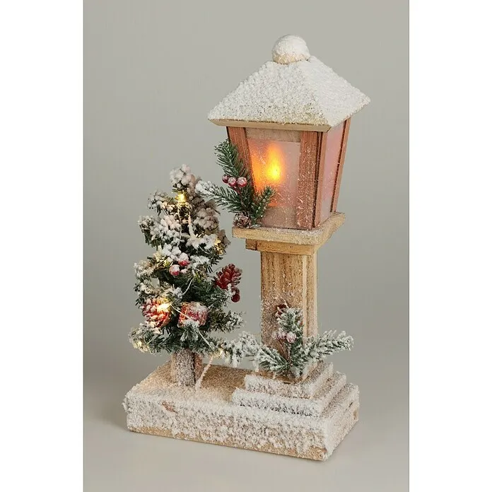 Led-kerstlantaarn - 11 x 19 x 37 cm, Bruin/Wit/Groen