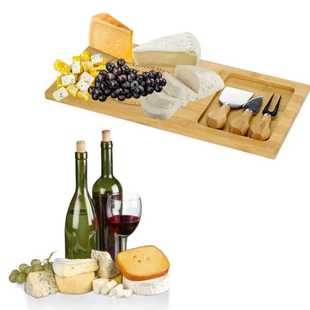 Cheqo® Luxe Kaasplank - Bamboe Hout - Kaasplankje - Serveerplank - Tapasplank - Borrelplank - Inclusief 3 Messen
