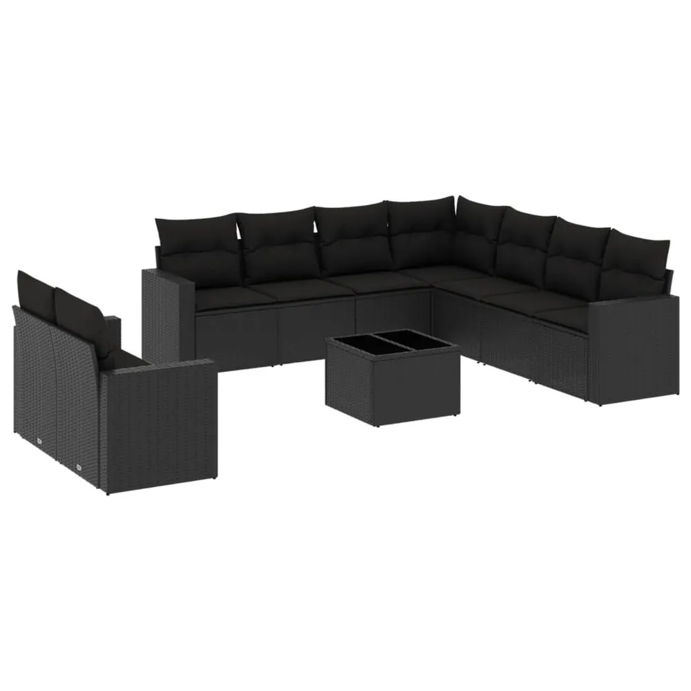 10-delige Loungeset met kussens poly rattan zwart met 5 Jaar Garantie