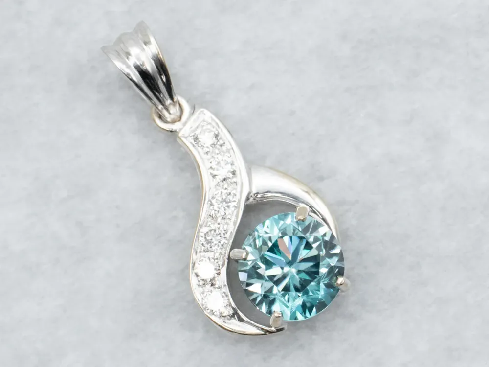 Blue Zircon and Diamond Pendant