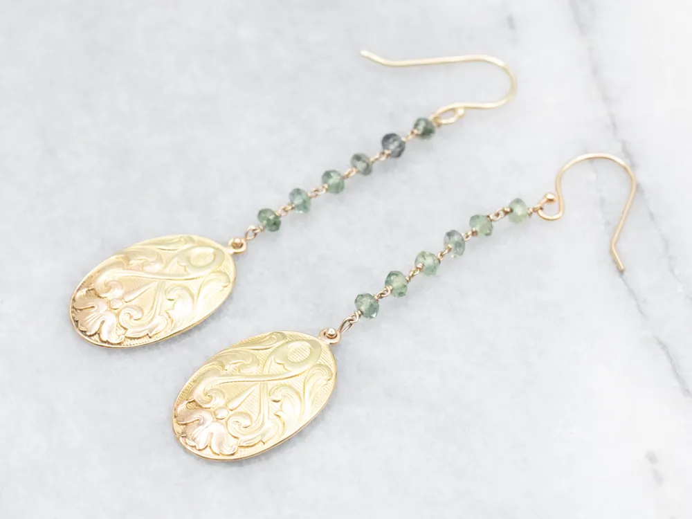 Art Nouveau Olijfgroen Sapphire Bead Scrolling Pattern Drop Earrings