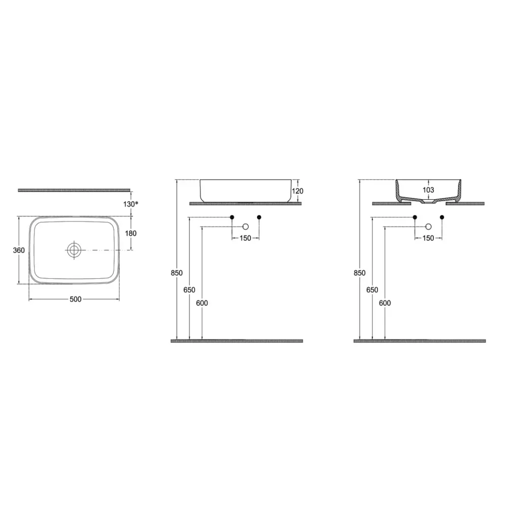 Rectangular countertop sink without hole BathCore Infinity series 50x36 Mint Doffe color