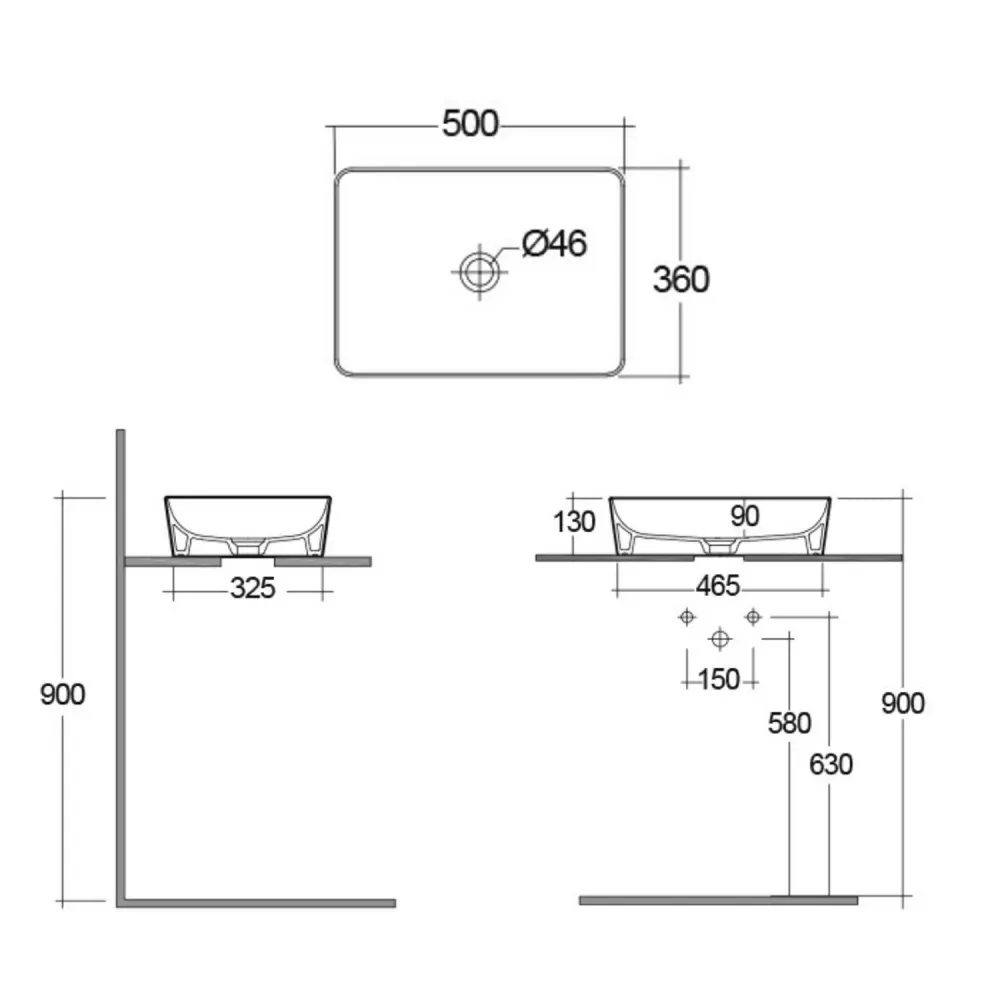 Rectangular countertop washbasin thin edges Sensation porselein 50x36 cm - Matte White