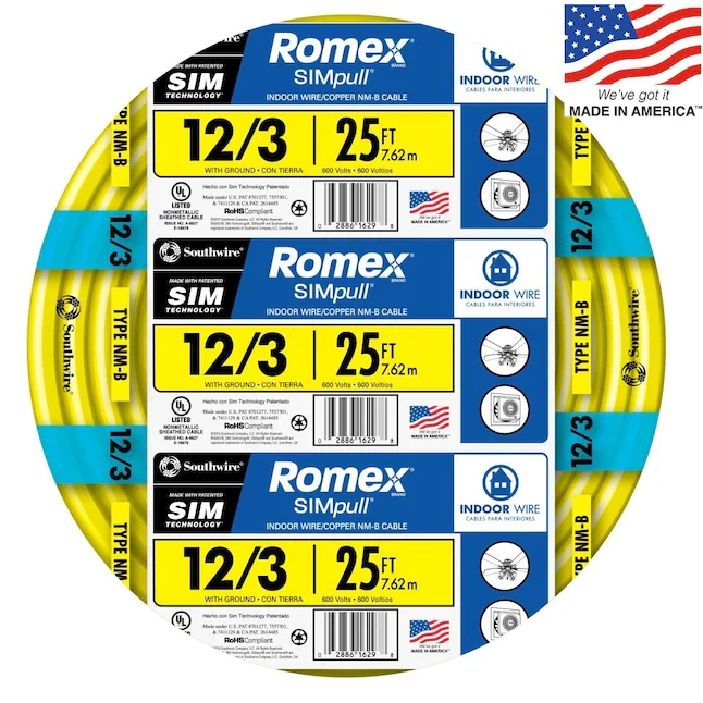 Southwire Romex SIMpull 25-ft 12 / 3 Effen Indoor Non-Metallic Wire
