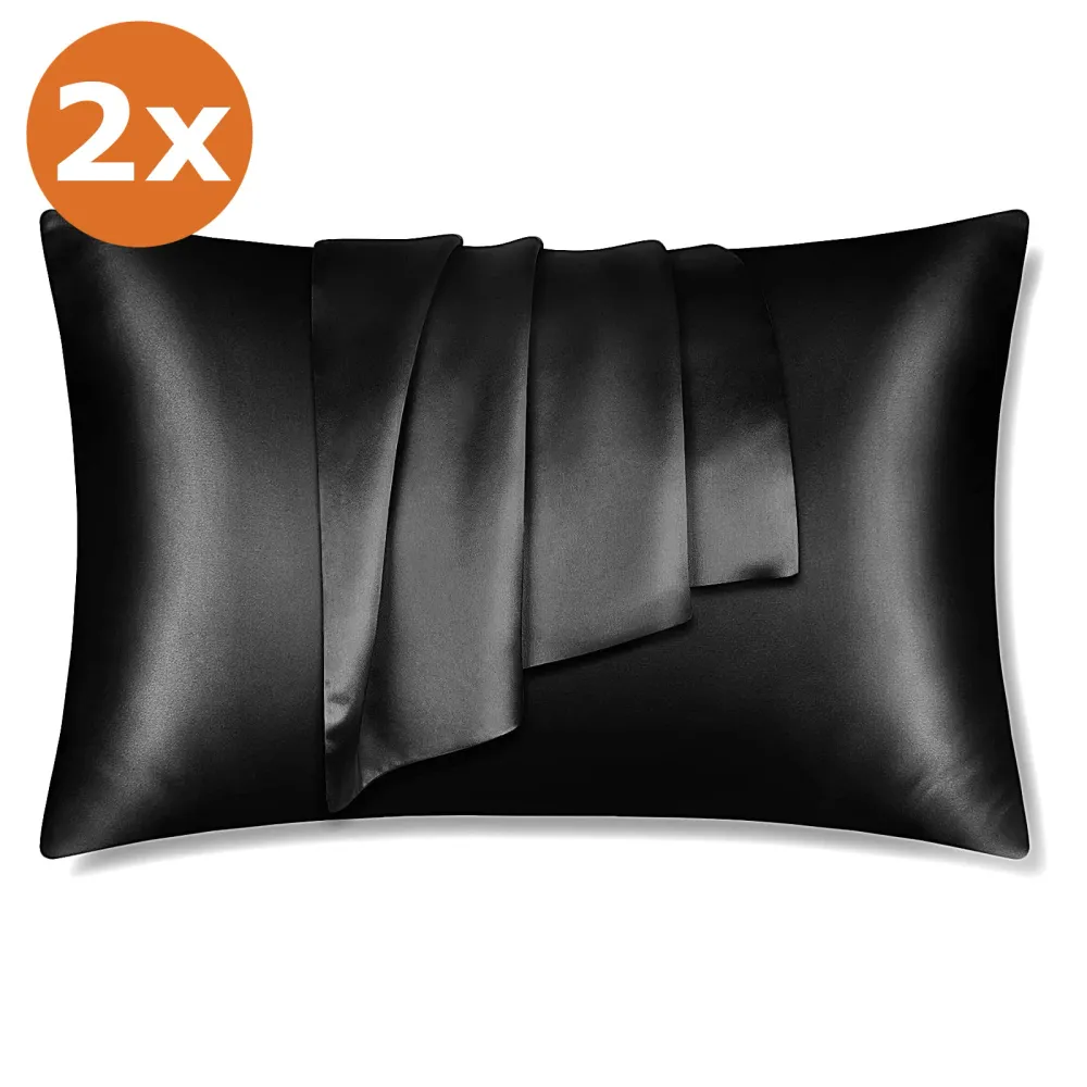 2 STUKS - Satijnen kussensloop zwart 60 x 70 cm hoofdkussen formaat - Satin pillow case black / Zijdezachte kussensloop va...