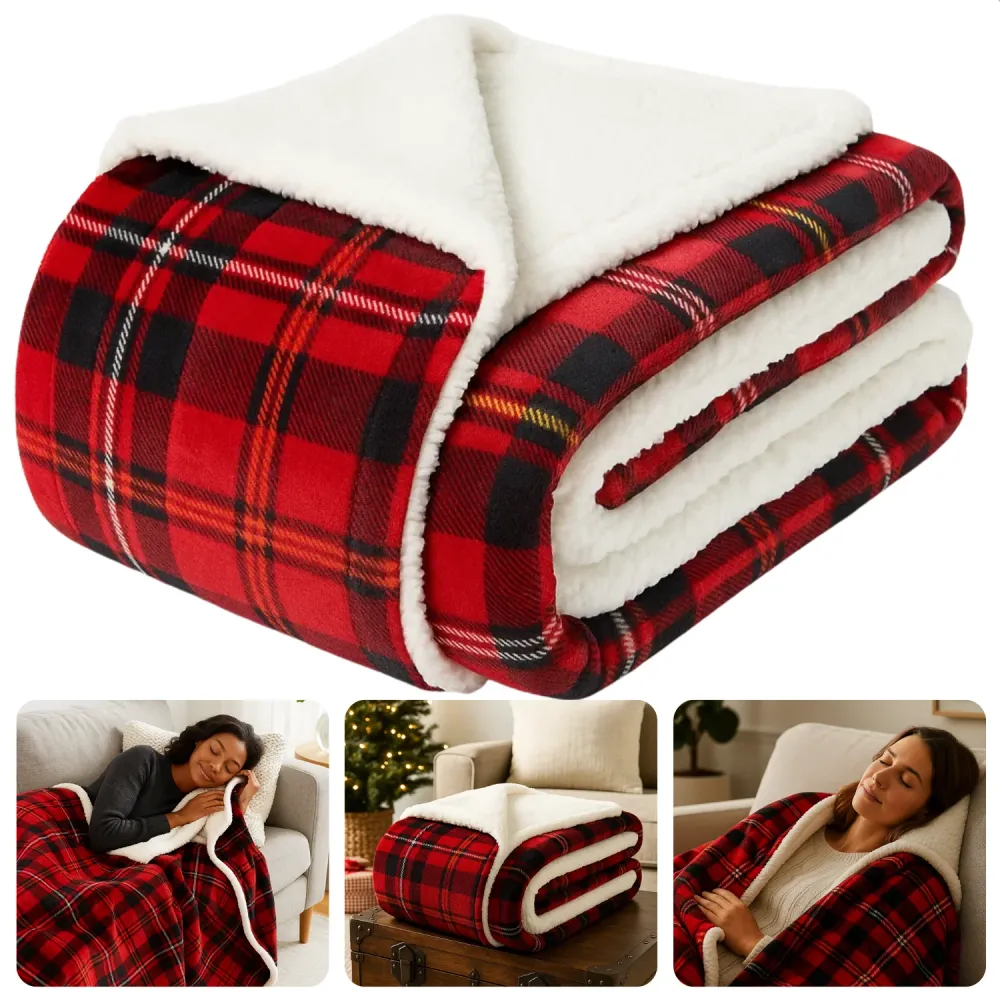 Cheqo® Kerstdeken - 200x150 CM - Plaid Rood Geruit - Flanel Sherpa Fleece - Zachte Warmteplaid - Schotse Ruit - Sfeervolle...