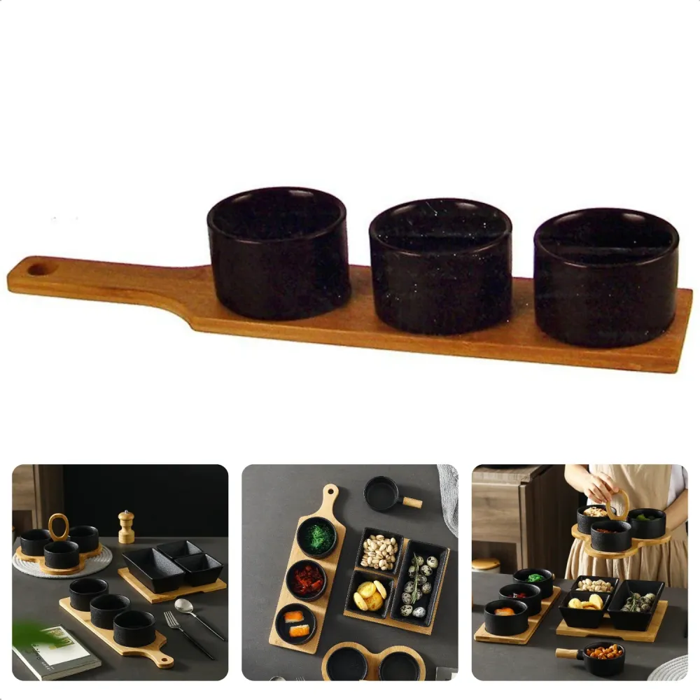 Cheqo® 4-Delige Serveerset - Tapas Set - Tapas Schaaltjes op Tapasplank - Houten Plank 49cm x 9cm - 3x Keramische Schaaltj...