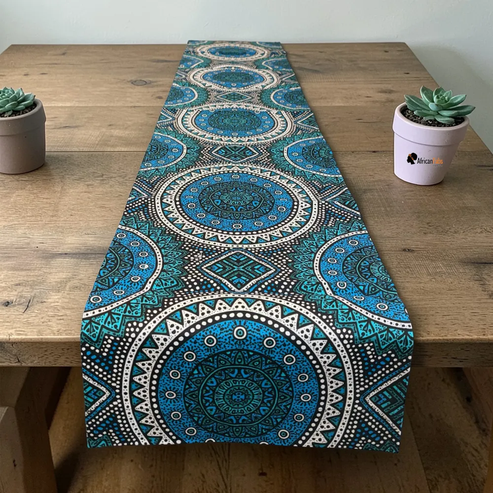 Afrikaanse print tafelloper - Tafelkleed - Blauw en Teal Sacred Circle