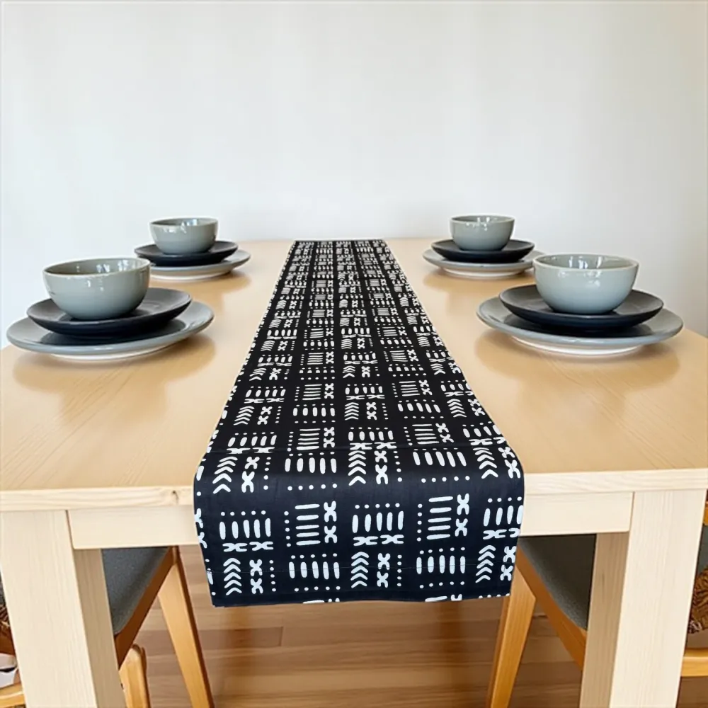Afrikaanse print tafelloper - Tafelkleed - Zwart / Wit Bogolan Patronen