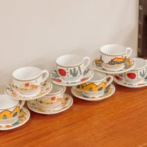 Set van 7 vintage jaren 90 Mexico stijl koffiekopjes + schotels