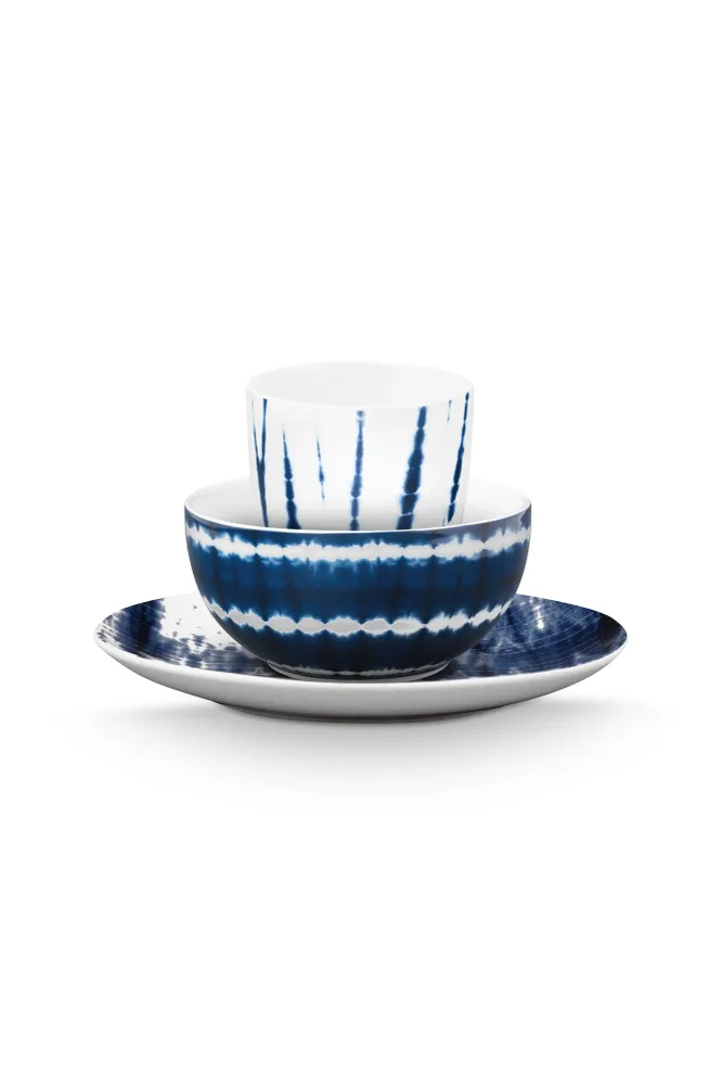 vtwonen - Tie dye Ontbijtset - Blauw, Wit - Porselein - Set van 3