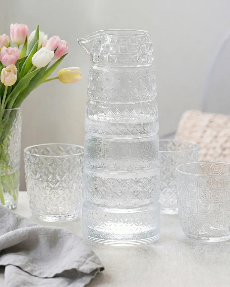 Set 6 glazen + kan Textures Clear IVV