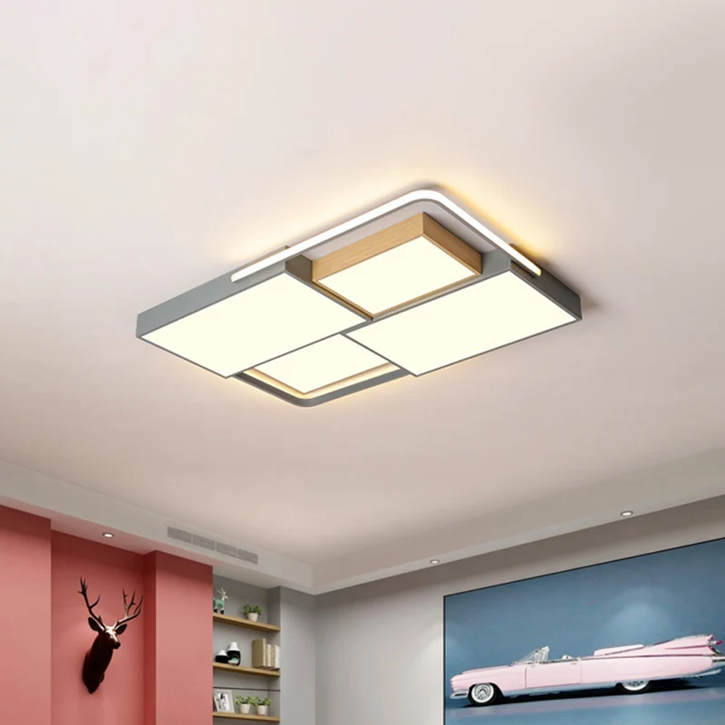 20.5"/34" Ruim Nordic LED Ceiling Light Acrylic Grey and Wood Square/Rectangle Flush Mount Grid Design, Warm/White Light Grey